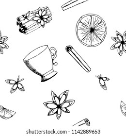 Hand drawn cinnamon, tea cup and slices   orange pattern background. Black and white, monochrome sketched vector illustration.