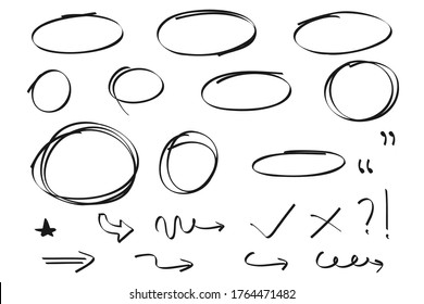 Hand drawn circle and arrow line for highlighting text. Rounds Bubbles Set doodle sketch symbols on a white background. vector illustration graphic design elements