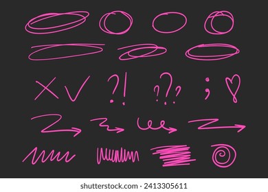 Círculo dibujado a mano y línea de flecha para resaltar texto. Redondea las burbujas Establece los símbolos de dibujo del doodle en un fondo negro. elementos de diseño gráfico de ilustración vectorial