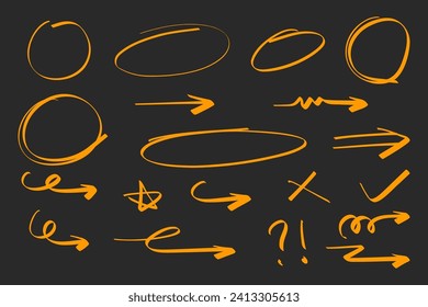 Hand drawn circle and arrow line for highlighting text. Rounds Bubbles Set doodle sketch symbols on a black background. vector illustration graphic design elements