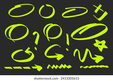 Hand drawn circle and arrow line for highlighting text. Rounds Bubbles Set doodle sketch symbols on a black background. vector illustration graphic design elements