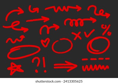 Hand drawn circle and arrow line for highlighting text. Rounds Bubbles Set doodle sketch symbols on a black background. vector illustration graphic design elements