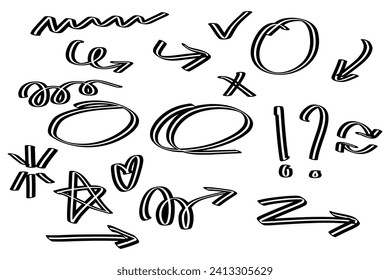 Círculo dibujado a mano y línea de flecha para resaltar texto. Redondea las burbujas Establece los símbolos de dibujo del doodle sobre un fondo blanco. elementos de diseño gráfico de ilustración vectorial