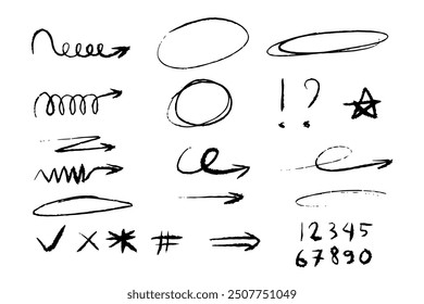 Círculo dibujado a mano y línea de flecha para resaltar el texto. Burbujas redondas Coloque los símbolos del boceto del doodle en un fondo blanco. Elementos del Diseño gráfico de la Ilustración vectorial