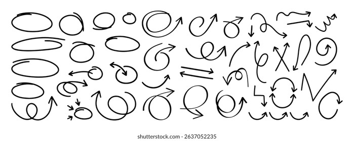 Hand drawn circle and arrow line for highlighting text. Rounds Bubbles Set doodle sketch symbols on a white background. vector illustration graphic design elements