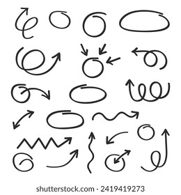 Colecciones de círculos dibujados a mano y flechas. Ilustración vectorial.
