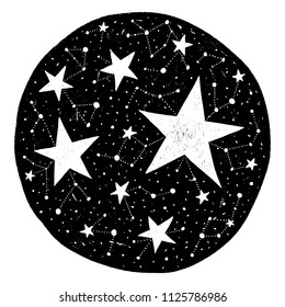 Hand drawn circle backdrop with stars and constellations. Vector black background with texture. Design for prints and posters.