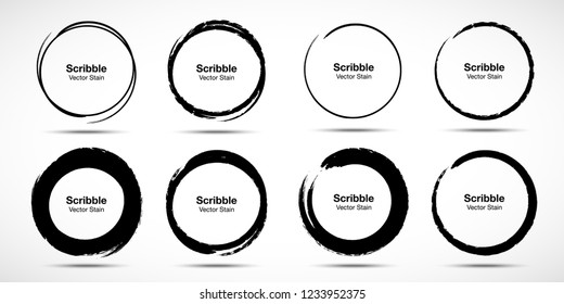 Hand drawn circle brush sketch set. Grunge doodle scribble round circles for message note mark design element. Brush circular smears. Banners, Insignias , Logos, Icons, Labels and Badges. Vector