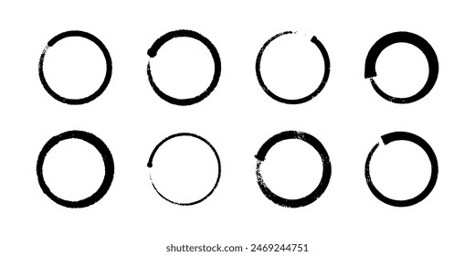 Hand drawn circle brush stroke stamp frame vector set. Round rough borders. Abstract circular logo icon design element. Round doodle grainy chalk painting