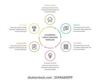 Handgezeichnete Kreisdiagrammvorlage mit 6 Teilen, doodle Infografiken, Vektorgrafik eps10