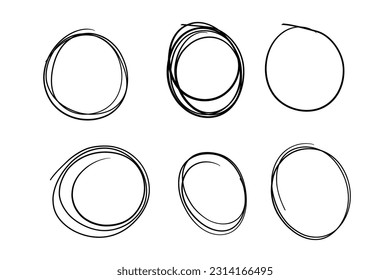 Hand Drawn Circle. Circular scribble doodle round circles. Highlight circles set. Line art