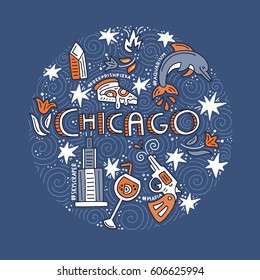 Hand drawn circle concept of Chicago with all main symbols of this city. Vector illustration.