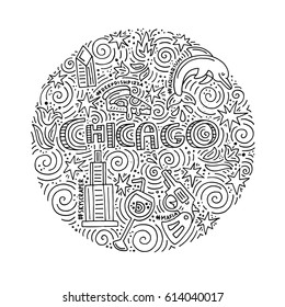 Hand drawn circle concept of Chicago with all main symbols of this city. Vector illustration.