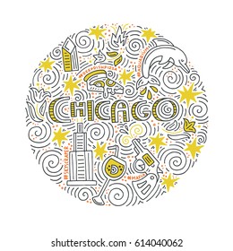 Hand drawn circle concept of Chicago with all main symbols of this city. Vector illustration.