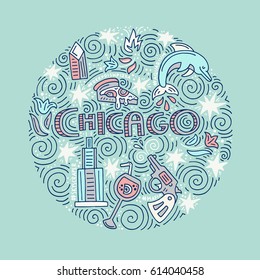 Hand drawn circle concept of Chicago with all main symbols of this city. Vector illustration.