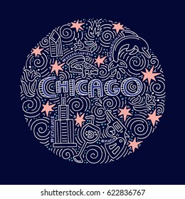Hand drawn circle concept of Chicago with all main symbols of this city. Vector illustration.