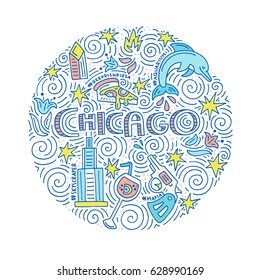 Hand drawn circle concept of Chicago with all main symbols of this city. Vector illustration.