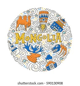 Hand drawn circle concept with mongolian symbols. Vector illustration of Mongolia.
