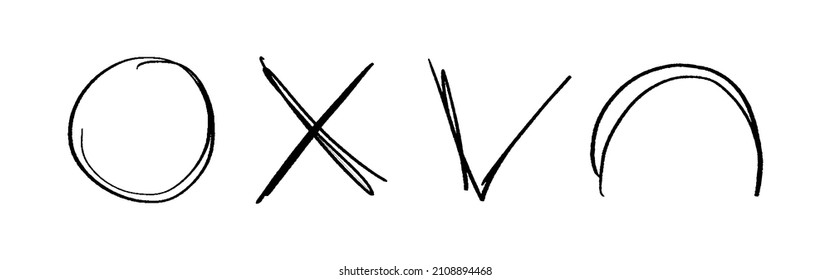 Handgezeichneter Kreis, Kreuz und Markierung mit Lichtbogen. Vektorhandgezeichnete doodle-Illustration. Grafisches Element, durchgestrichen, runder Rahmen und Zeichen einzeln auf weißem Hintergrund.