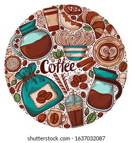 Hand drawn circle design with coffee theme elements. Vector illustration for decoration of various coffee establishments