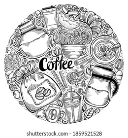 Diseño de círculos dibujados a mano con elementos de temas de café. Ilustración vectorial para la decoración de varias cafeterías
