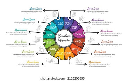 Hand drawn circle design for Presentation 12 months, 1 year, can be used for Business concept with 12 options, steps or processes.