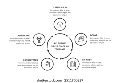 Modelo de diagrama de círculo desenhado à mão com 5 elementos, infográficos doodle, ilustração eps10 vetor