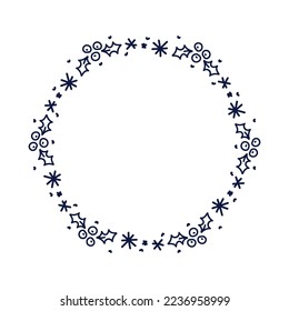 Marco simple de garrapata de círculo dibujado a mano con copos de nieve. Dibujo infantil con elementos lindos aislados en blanco