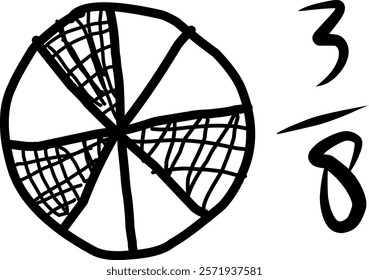 hand drawn circle of equivalent fractions in mathematics, doodle of decimal fractions, circle segments