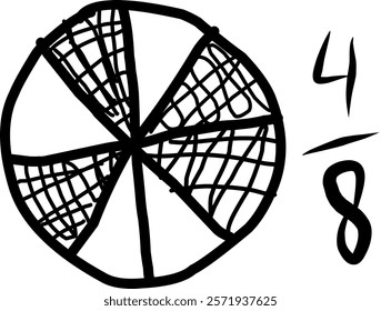 hand drawn circle of equivalent fractions in mathematics, doodle of decimal fractions, circle segments