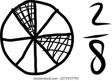 hand drawn circle of equivalent fractions in mathematics, doodle of decimal fractions, circle segments