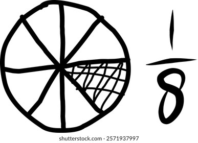 hand drawn circle of equivalent fractions in mathematics, doodle of decimal fractions, circle segments