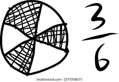 hand drawn circle of equivalent fractions in mathematics, doodle of decimal fractions, circle segments