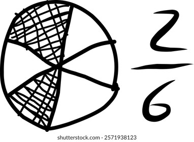 hand drawn circle of equivalent fractions in mathematics, doodle of decimal fractions, circle segments