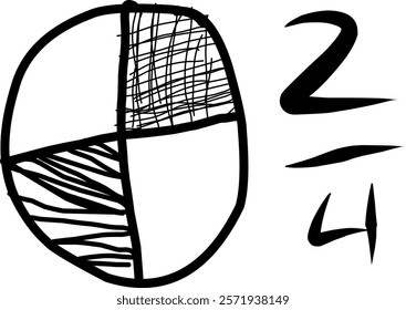 hand drawn circle of equivalent fractions in mathematics, doodle of decimal fractions, circle segments