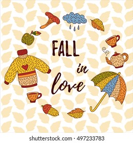 Hand drawn circle of fall autumn icons symbols cute vector illustration set