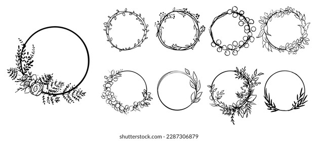 hand drawn of circle floral border. logo template. black and white. eps 10