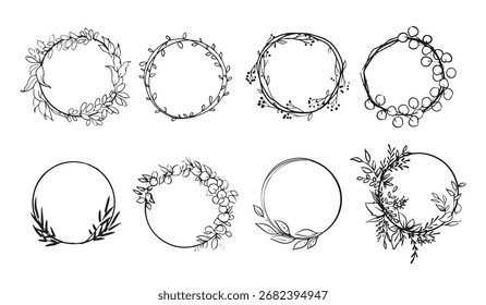 Dibujado a mano del borde floral del círculo. Plantilla del logotipo. blanco y negro. Vector