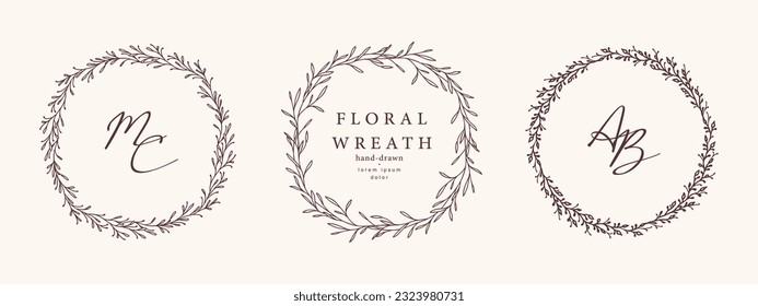 Marcos florales, coronas y plantillas de logotipo dibujados a mano. Elementos verdes delicados y de moda en línea de arte. Vector para etiqueta, identidad corporativa, invitación a boda, postal, guardar la fecha