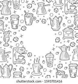 Hand drawn circle frame with coffee icons in doodle style. Black outline isolated on a white background. Cute template for coffee shop or cafe, menu, cards, banners. Vector illustration.