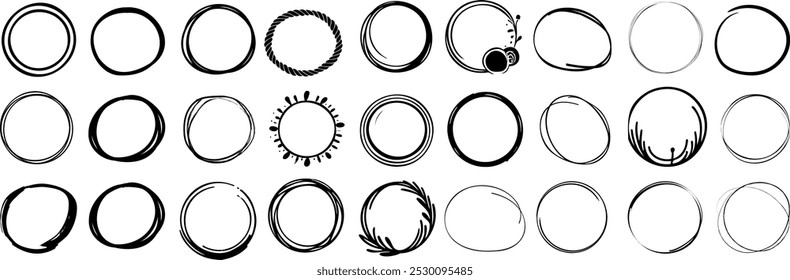 Hand drawn circle frame collection, decorative round borders, abstract black ink, sketchy doodle design elements, minimalist circular shapes, perfect for logos, illustrations, and graphic design