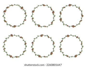 Hand drawn circle frame decoration element with leaves and flowers