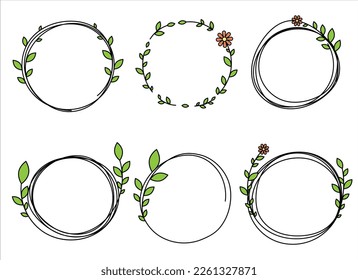 Hand drawn circle frame decoration element with leaves and flowers