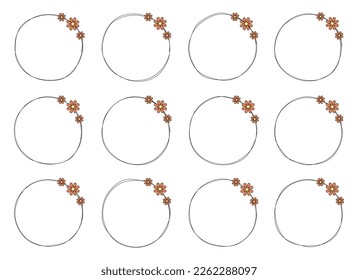 Hand drawn circle frame decoration element with flowers