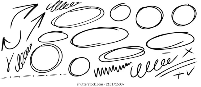 Hand drawn circle frame. Highlited frame. Outline selection highlight ovals and arrows. Doodle style outline strokes. Stock vector set of illustrations on white background.