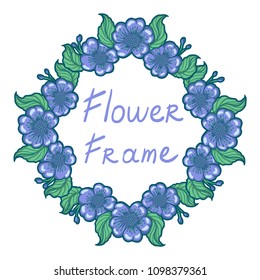Hand drawn circle frame illustration of pastel purple flowers with green leaves. Isolated vector on a white background.