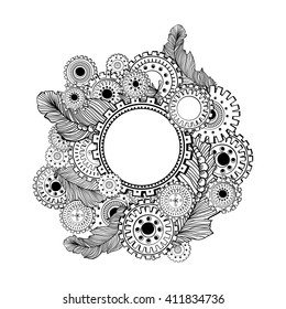 Hand drawn circle frame for photo with steampunk technology elements. Zentangle style design