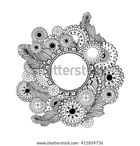 Hand drawn circle frame for photo with steampunk technology elements. Zentangle style design