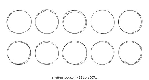 Hand drawn circle frame sketch set. Scribble line round shapes, pen doodle circles note design element. Vector illustration