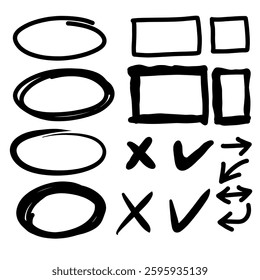 hand drawn circle frame sketch scribbles, check marks and rectangles